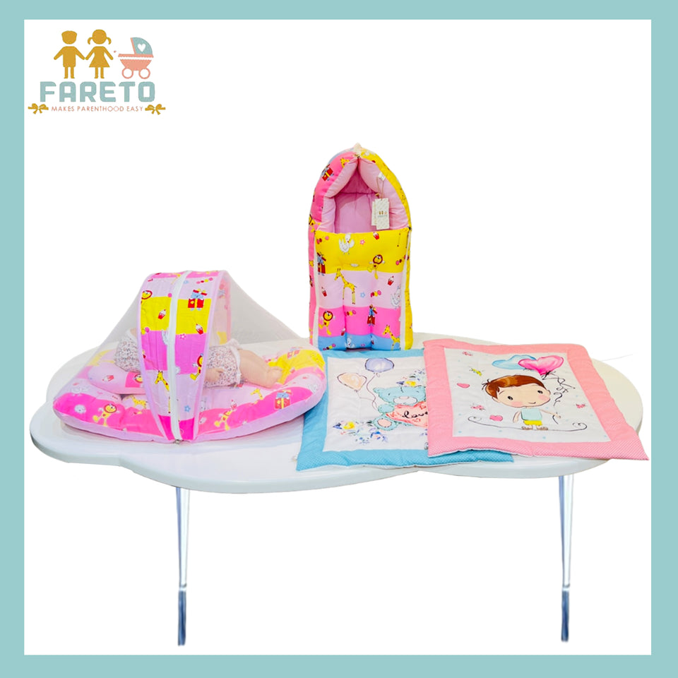 Fareto New Born Baby Premium Quality Mattress with Net & Sleeping Bag & Hand Carry bed(0- 6Months)(Giraffe)