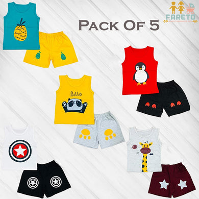 Fareto Baby Boys & Girls Summer Wear T -Shirt & Shorts Set | Dress Clothing Set (Pack of 5)