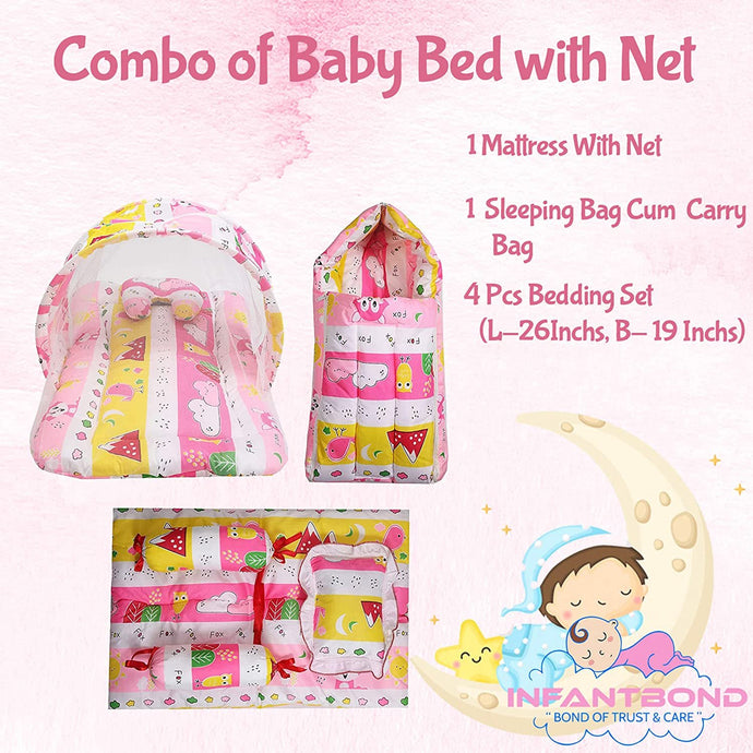 Fareto Combo of Baby Nest | Bed with Net | Carry Bag | 4 Pcs Bedding Set(0-6 Months)