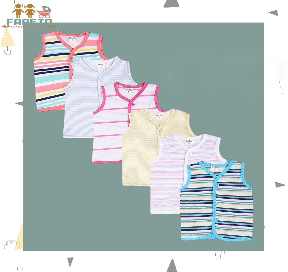 FARETO New Born Baby Cotton Vest (Multicolour, 0-3 Months) - Set of 6
