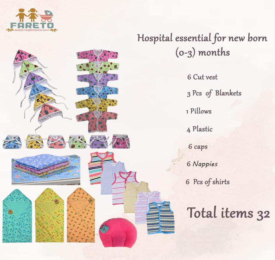Fareto New Born Baby Hospital Essential Combo| Baby Daily Essential| Baby Combo Pack(0-6 Months)(Pack of 32)